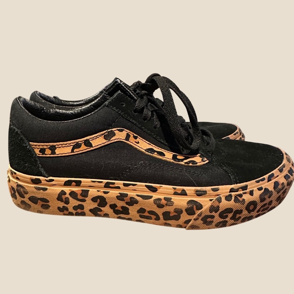 Vans Old Skool Platform Leopard Print Black Suede Sneakers Womens 8 Mens 6.5